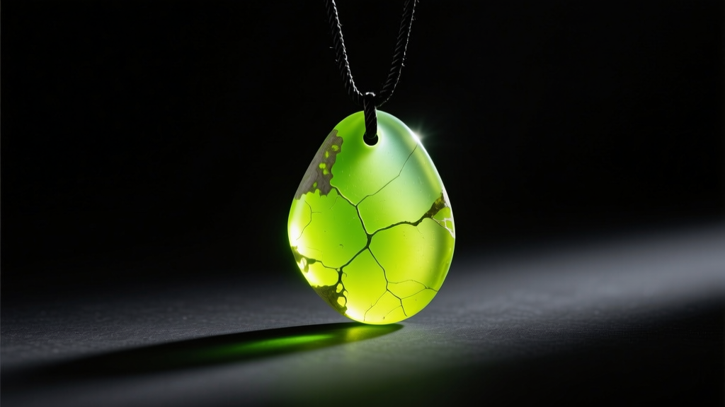 Glowing yellow-green uranium seaglass pendant illuminated by a 365nm UV flashlight in a dark room revealing fluorescent properties