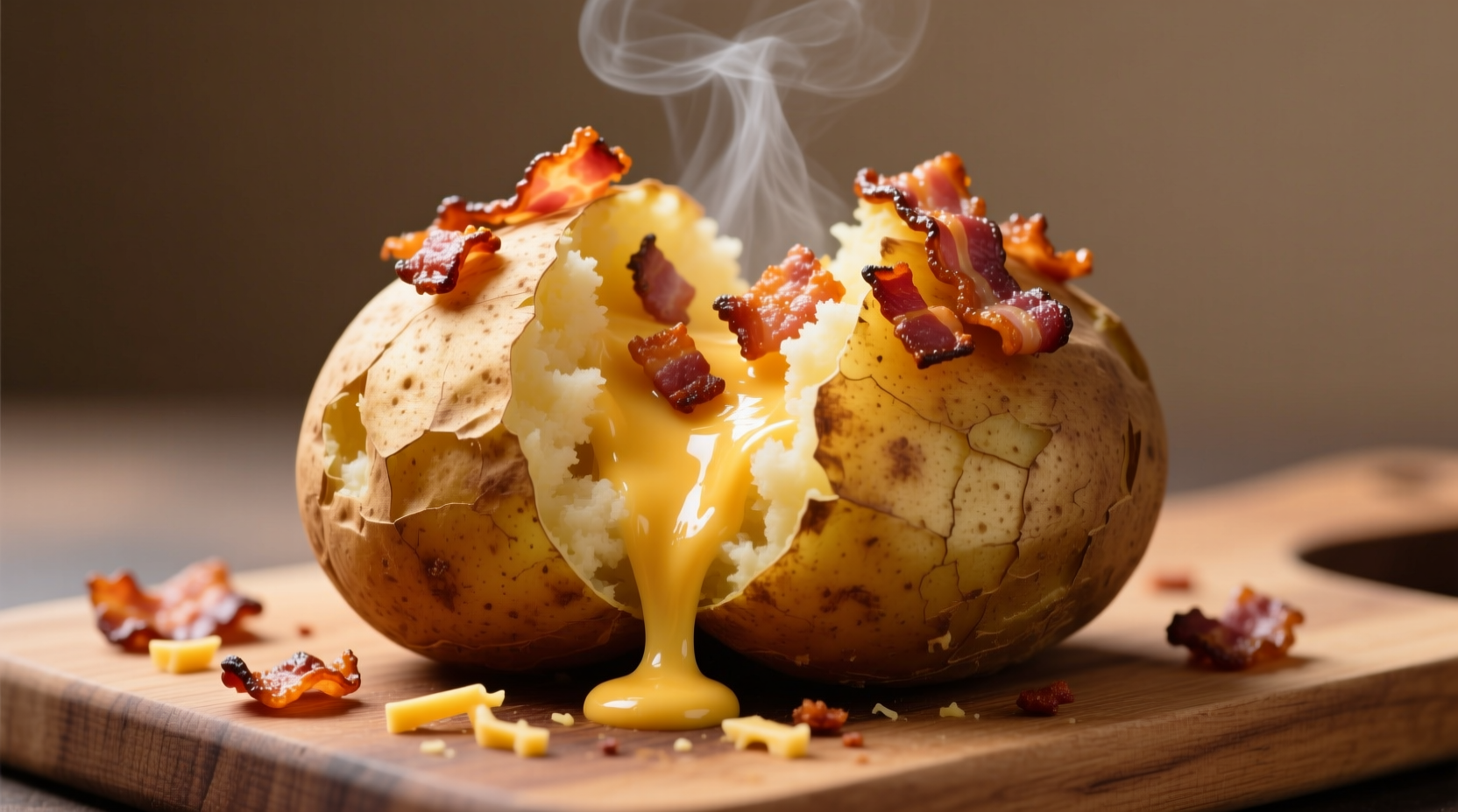 Perfectly baked loaded potato with melted cheese and bacon