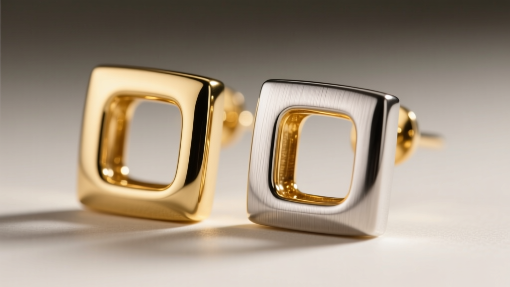 Close-up of polished 14k gold and brushed steel square earrings, highlighting distinct surface reflections and metal textures