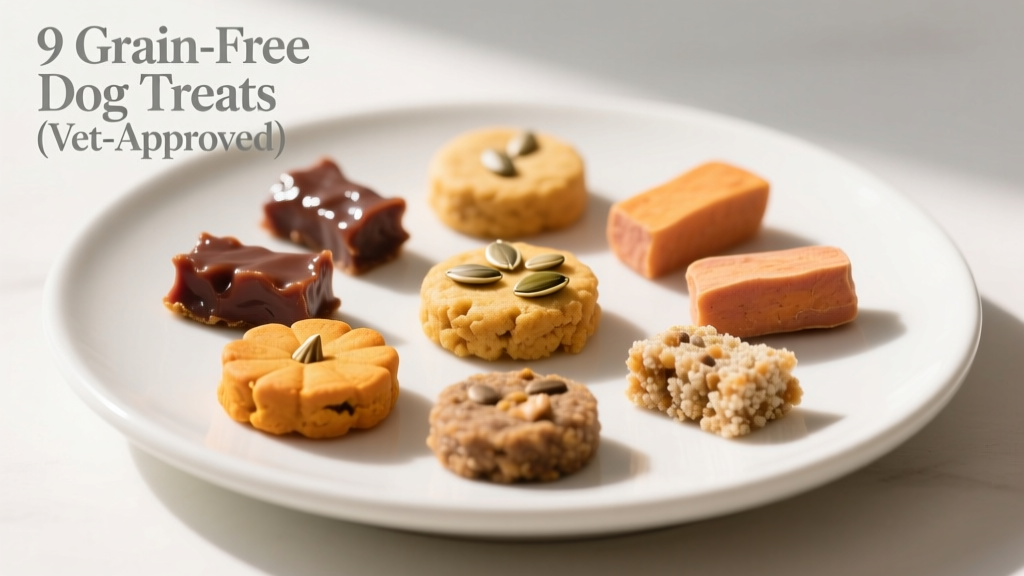 A collection of nine small, bite-sized dog treats arranged on a clean white plate—showcasing variety in shape, color, and texture (e.g., chewy liver bites, crunchy pumpkin biscuits, soft sweet potato chews)