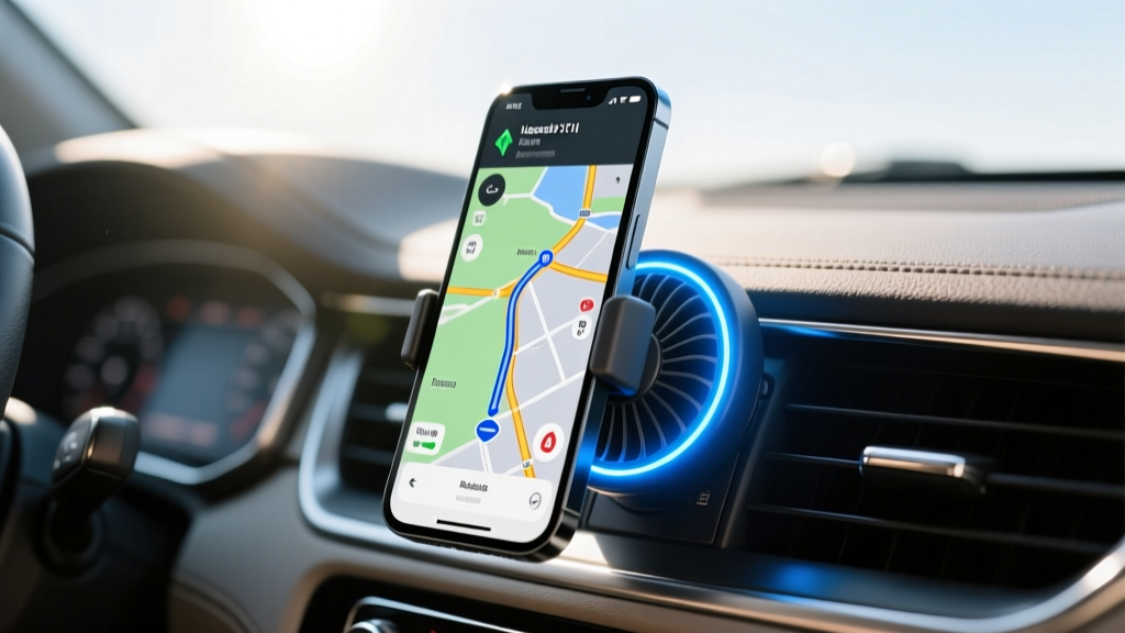 Smartphone mounted on a car air vent displaying a navigation map while the active cooling fan glows with a blue LED ring in daylight