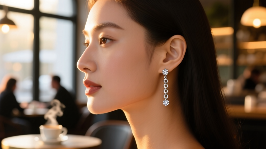 Side profile of woman wearing sterling silver chain drop earrings with pave stones, blurred cafe background, warm golden light.