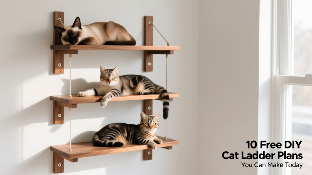 Side view of a floating shelf ladder with cats lounging on alternating levels, showing clean white walls and warm wood tones