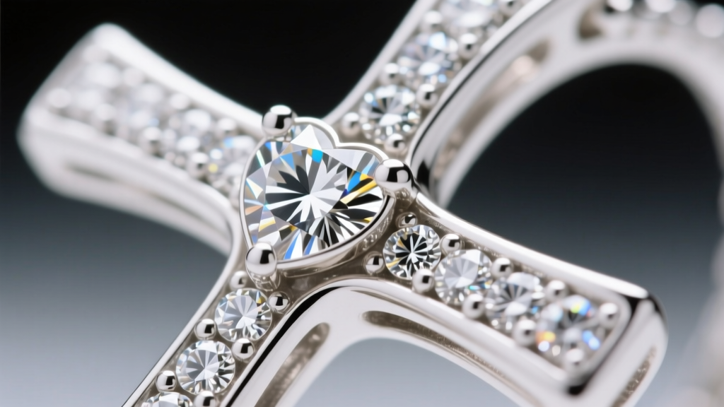 Microscopic view of micro-pave diamond bead setting along the inner curve of a white gold cross with a heart necklace pendant.