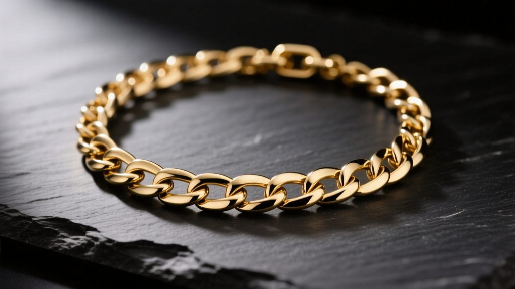 Polished gold stainless steel chain necklace resting on dark slate under warm studio lighting, highlighting its reflective surface