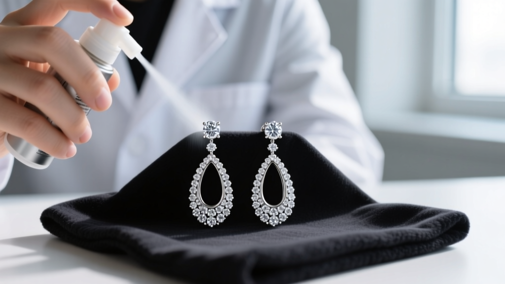 Jeweler applying anti-tarnish earring spray to intricate diamond pave drop earrings laid out on a dark microfiber polishing cloth