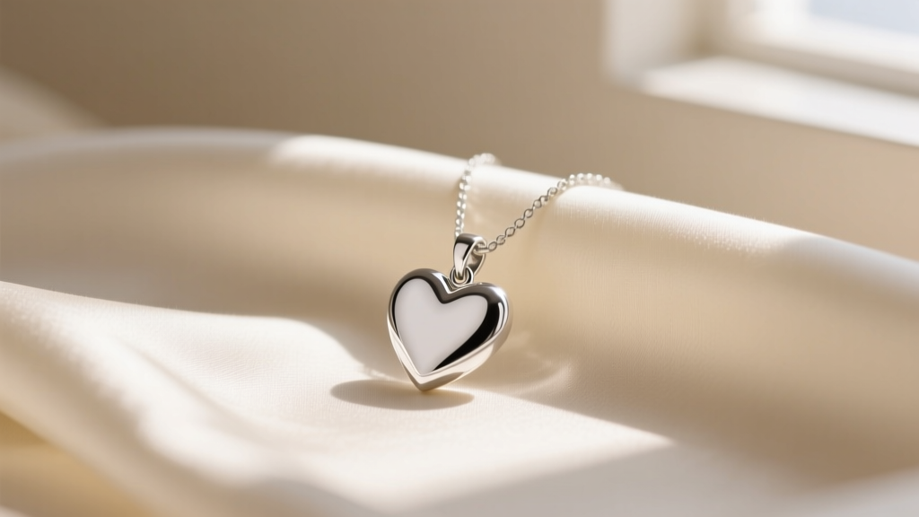 A polished 925 sterling silver heart pendant necklace resting on cream silk, illuminated by soft, warm natural window light.