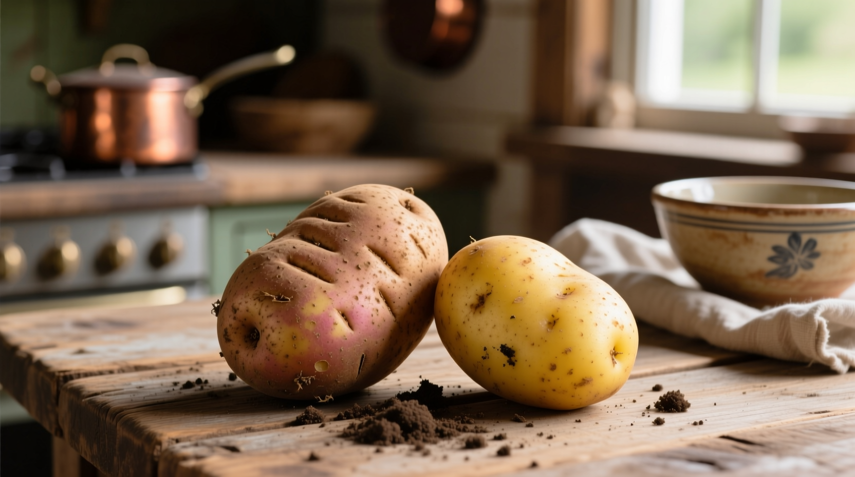 Russet and Yukon Gold potatoes side by side