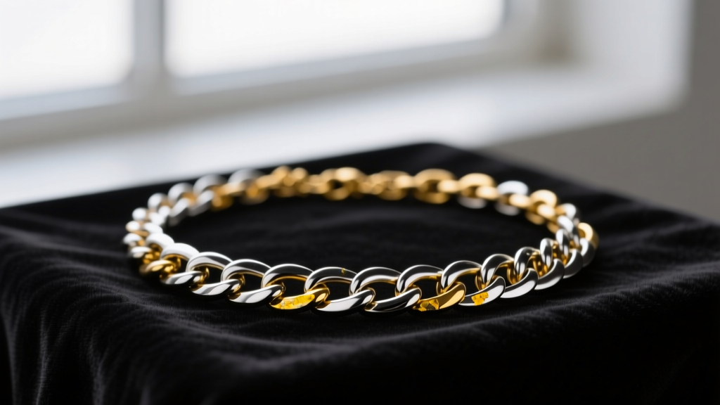 Close-up of a black rhodium plated gold chain necklace showing yellow gold bleeding through worn links on a dark velvet cloth.