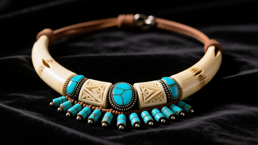 Close-up of a vintage American Indian bone necklace featuring carved hairpipe beads and turquoise accents on dark velvet display.
