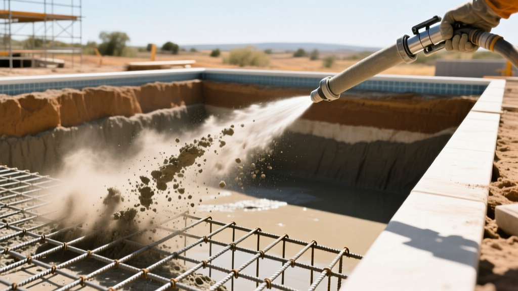 Pneumatic hose spraying dry-mix gunite over steel rebar grid in a deep residential swimming pool excavation site on a sunny day