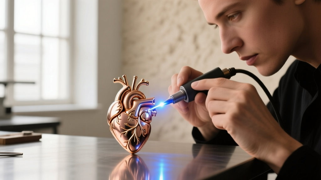 Jeweler using a laser welder to repair the delicate bail on an intricate 18k rose gold anatomical heart pendant piece