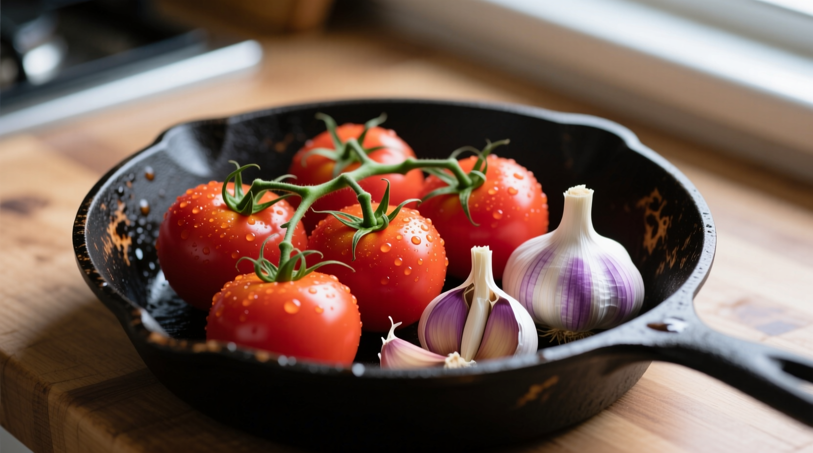 Fresh tomatoes and garlic cloves in cast iron skillet