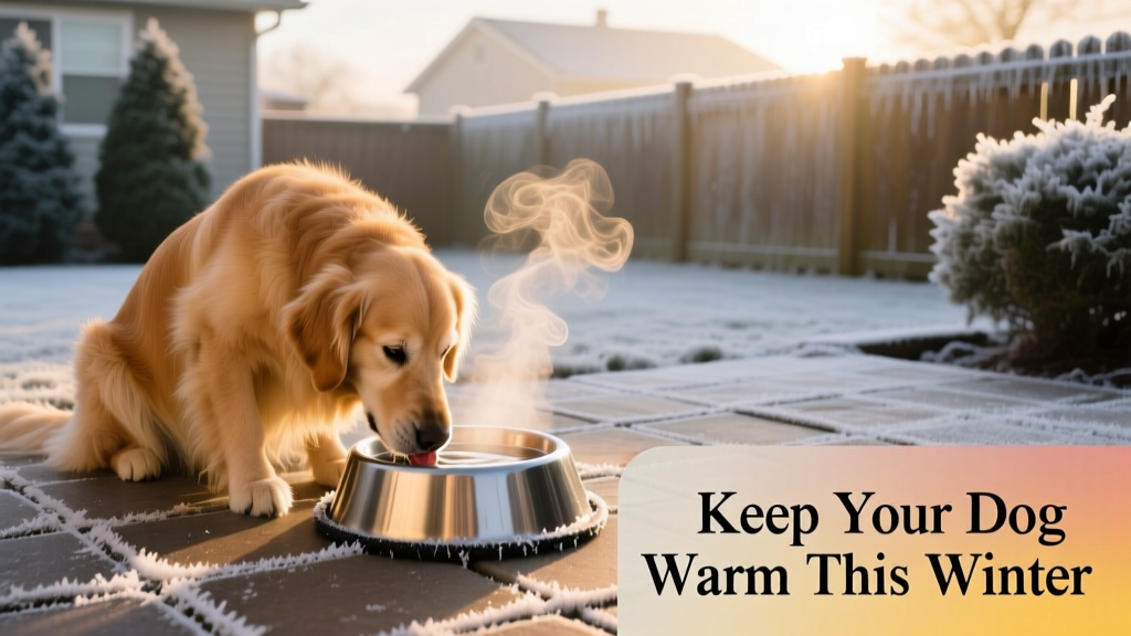 A dog drinking from a heated water bowl on a frost-covered patio, with steam rising gently from the surface