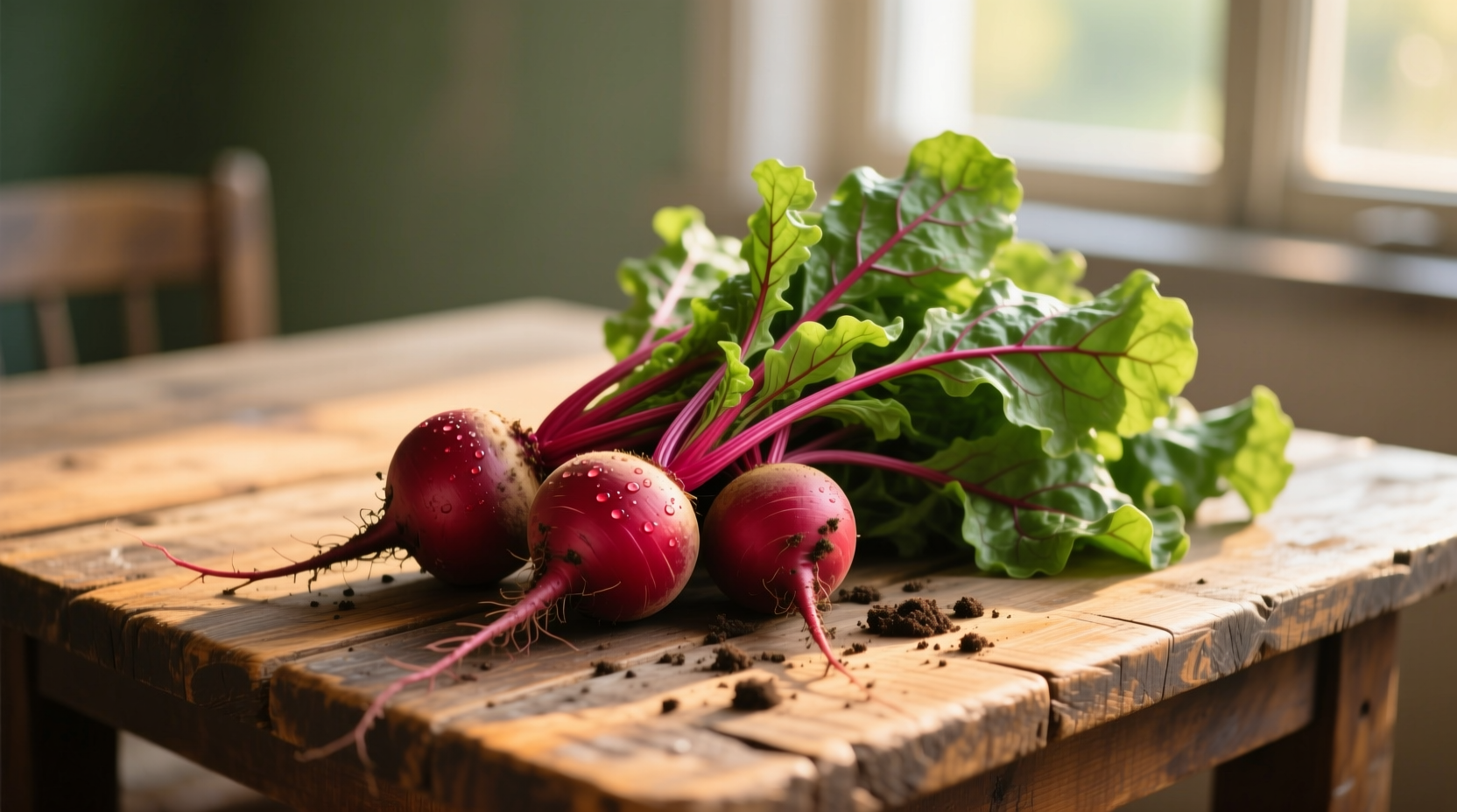 Fresh beetroots with leafy greens on wooden table
