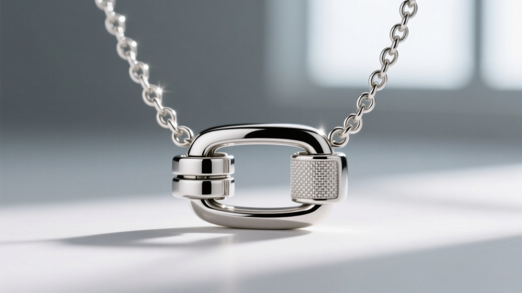 Extreme close-up of a breakaway safety clasp on a childrens silver necklace, showing the magnetic release mechanism clearly.
