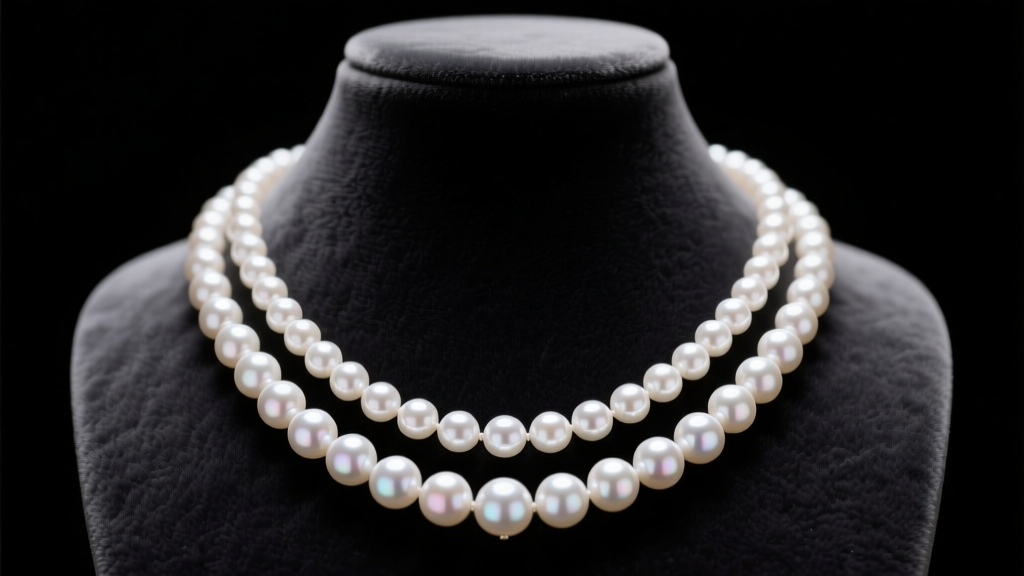 Elegant close-up of a classic 18-inch white Akoya pearl necklace resting on a dark velvet jewelry bust with soft studio lighting.