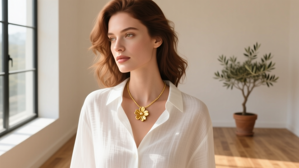 Woman wearing a delicate gold flower pendant necklace layered over a crisp white linen button-down shirt, natural sunlight, portrait.