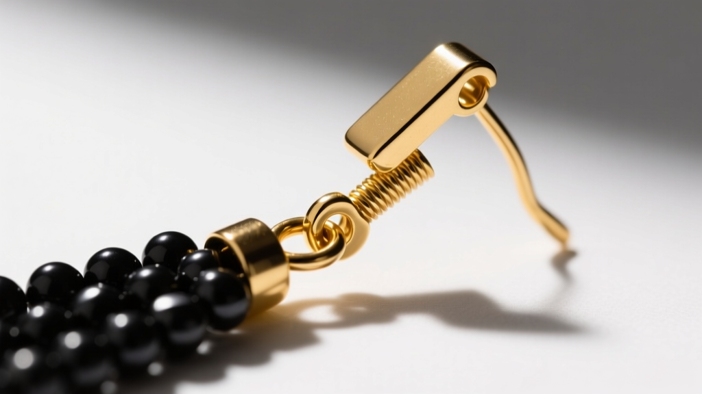 Close-up of gold leverback earring findings holding black beaded tassels, showing the secure clasp and 18-gauge wire thickness