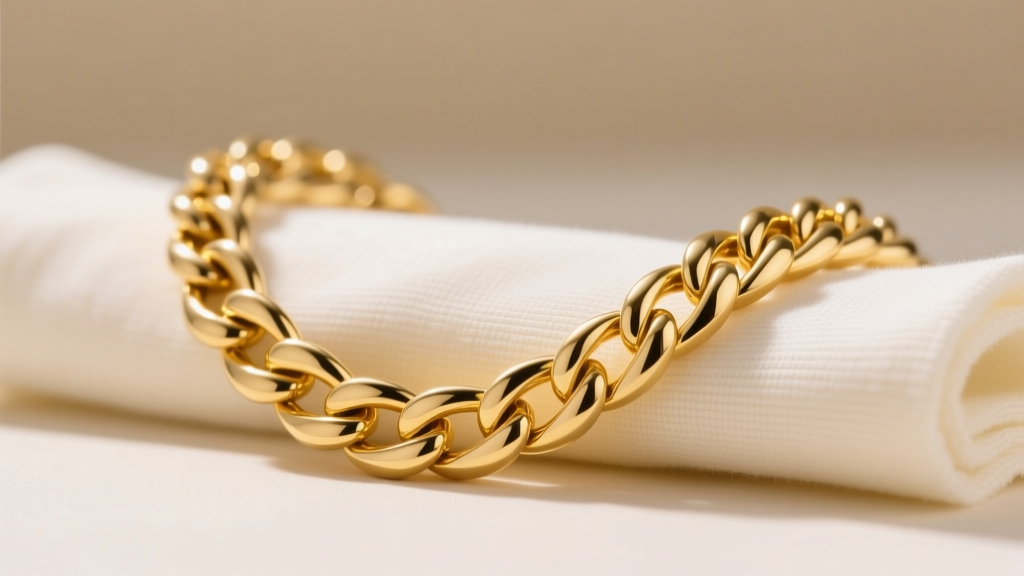 A thick 3mm wheat chain in solid 14k yellow gold draped over a jewelry polishing cloth, highlighting interlocking woven links.