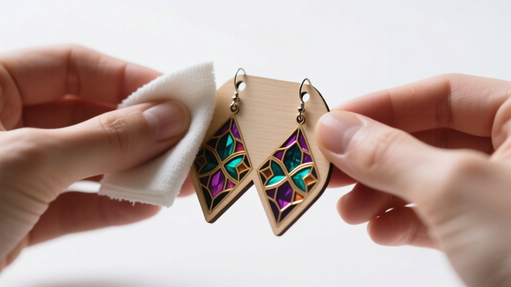Craftsperson gently wiping a custom printed MDF sublimation earring blank with a damp microfiber cloth under bright studio lights.
