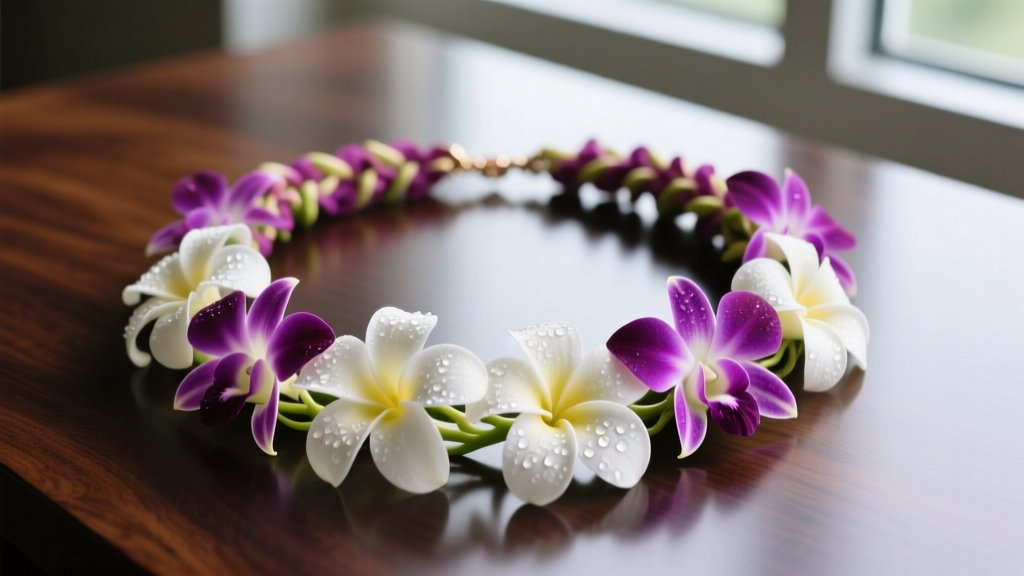 Close-up of a vibrant leis flower necklace made of fresh white plumeria and purple orchids resting on polished dark wood.