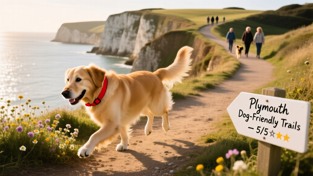 A happy dog exploring a coastal park in Plymouth, with cliffs and sea visible in the background