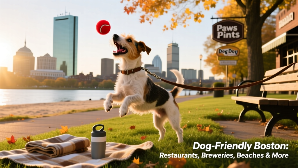 A happy terrier mix playing fetch near the Charles River Esplanade with a Boston skyline view