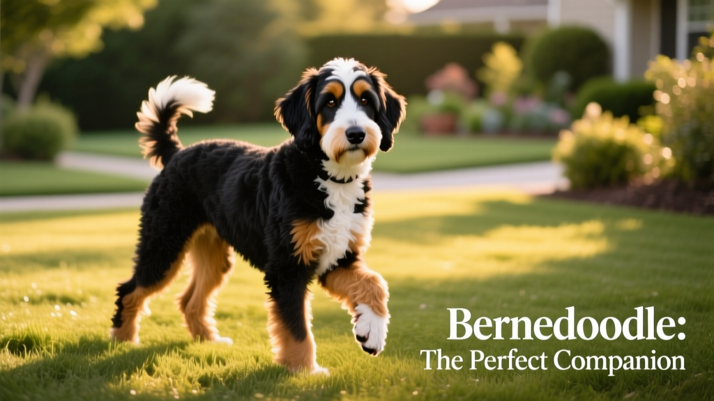 Black, tan, and white Bernedoodle on grass