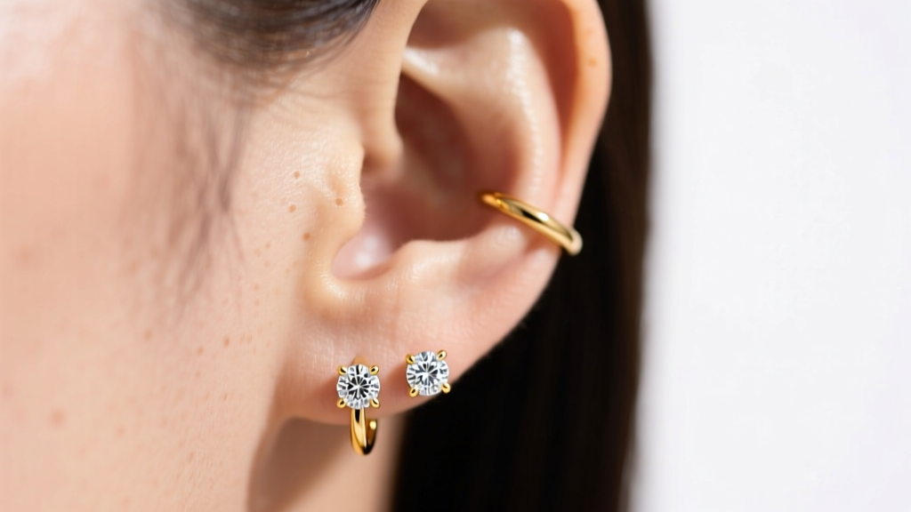 Ear close-up showing 14k yellow gold diamond huggie earrings in the lower lobe, paired with a delicate gold cartilage helix hoop