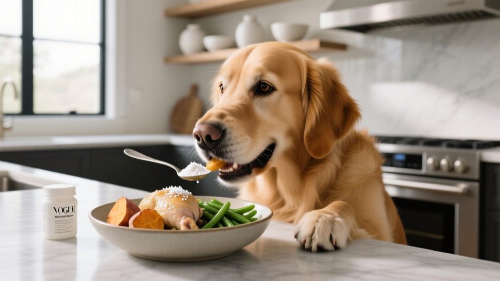A golden retriever eating a freshly prepared homemade meal supplemented with a white powder nutrient balancer in a stainless steel bowl