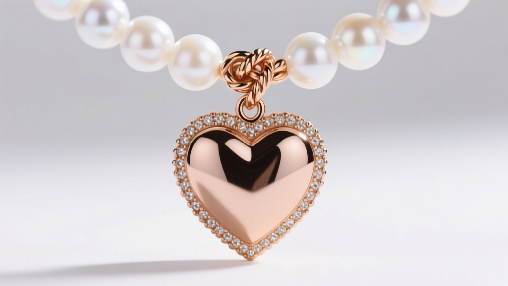 Macro shot of a 14k rose gold heart pendant with milgrain detailing, suspended from a knotted white freshwater pearl strand.