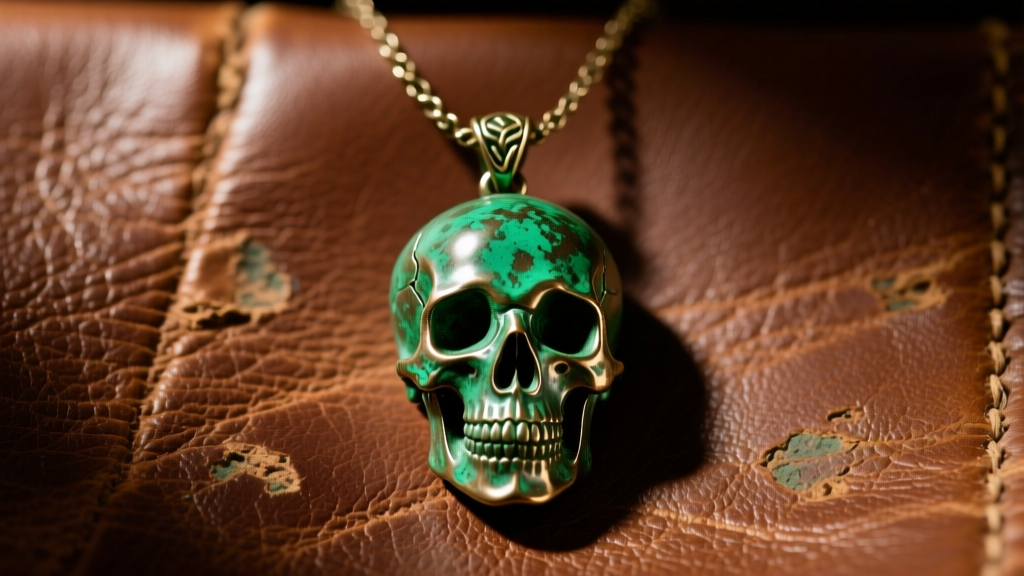 Cast bronze skull pendant necklace with rich green verdigris patina, resting on a background of worn, textured brown leather.
