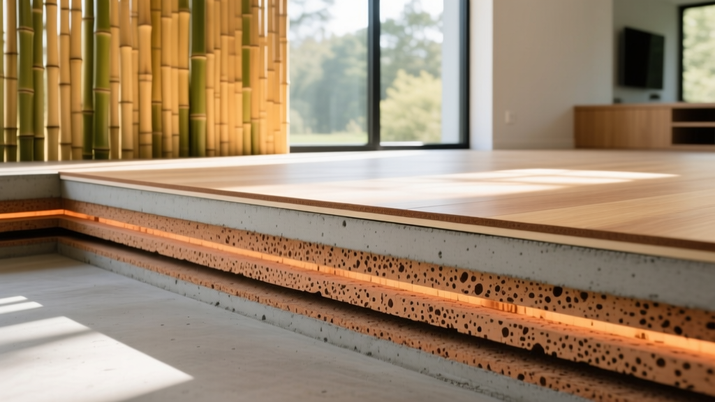 Cross-section of sustainable bamboo and cork flooring layers over radiant heated concrete subfloor in a sunlit modern eco-home