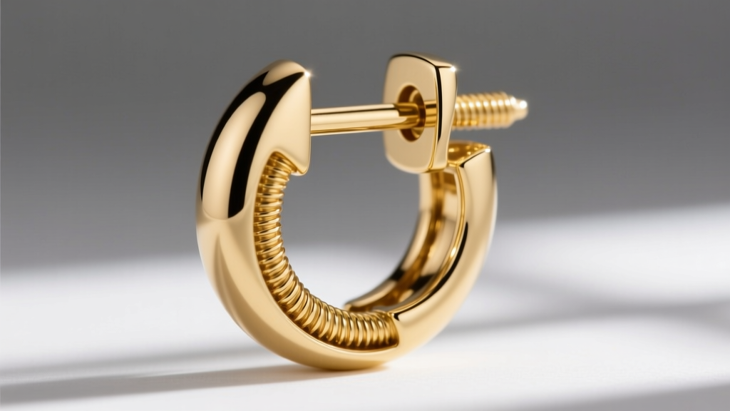 Close-up of an 18k gold earring post and screw-back clasp, highlighting the precision threading and smooth, polished metal finish.