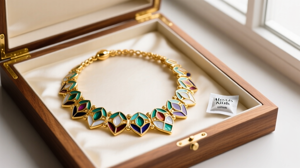 An Alexis Kirk enamel and gold collar necklace stored flat inside a lined wooden box alongside a small silica gel desiccant packet.
