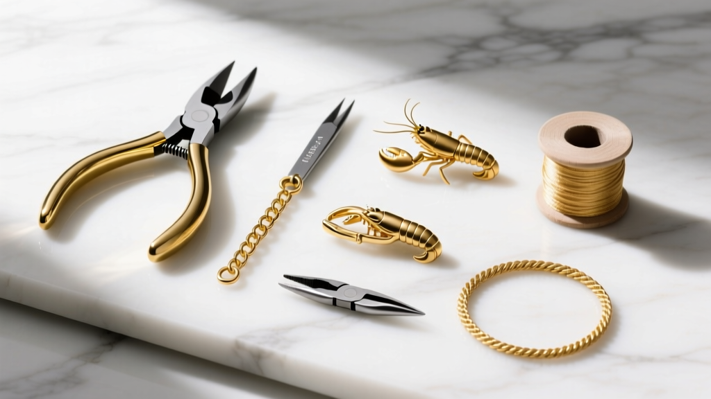 Overhead flat lay of flush cutters, chain nose pliers, micro-lobster clasps, and spools of 1.5mm gold-filled rope chain on marble.