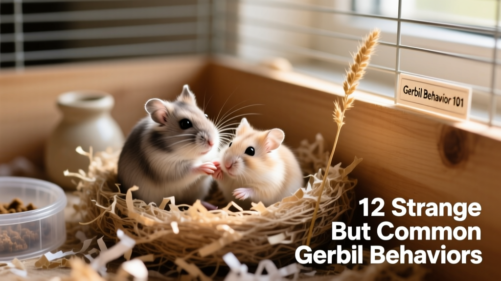 Two gerbils grooming each other side-by-side in a cozy nest of shredded paper bedding