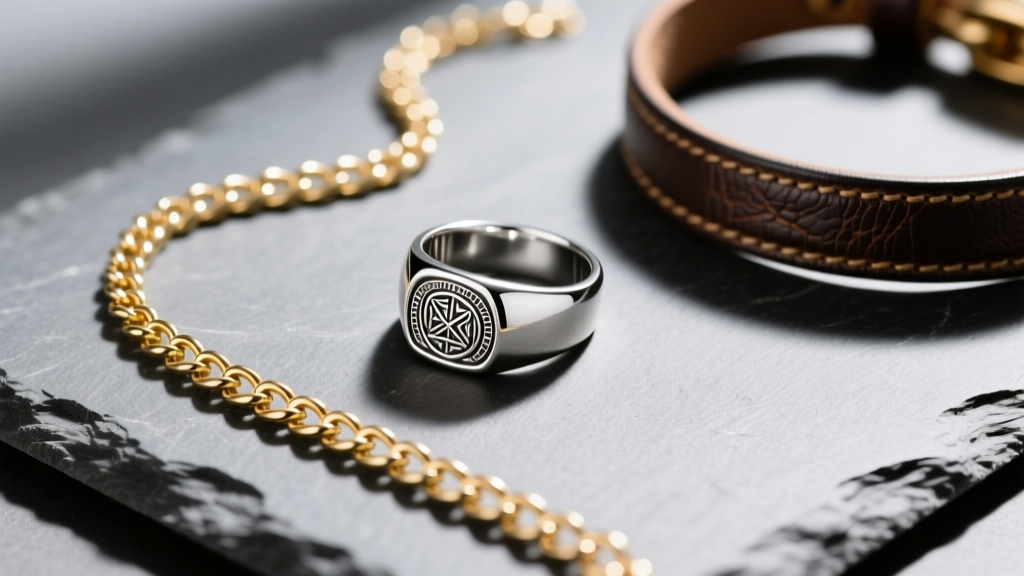Top-down view of a mens jewelry capsule on slate, featuring a silver signet ring, a gold chain, and a leather bracelet