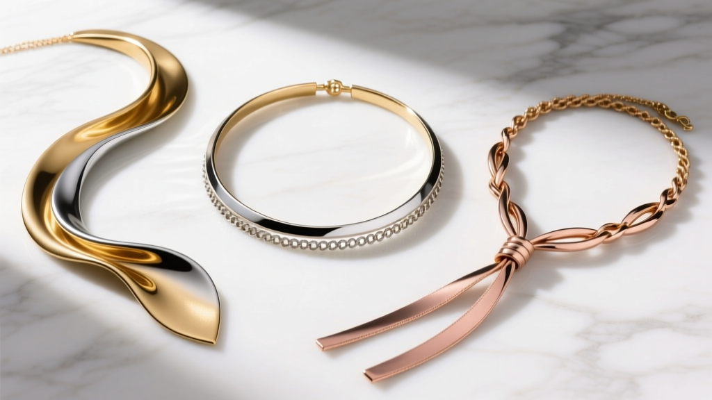 Flat lay of three bolero necklaces on white marble including a 16-inch choker style, an 18-inch drape, and a 24-inch lariat tie