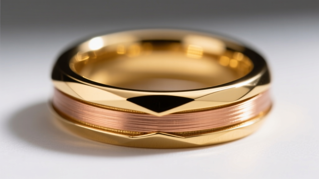 Macro cross-section of a 14k gold filled jump ring showing the brass core and thick outer gold layer under bright studio lighting.