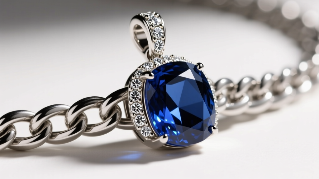 Close-up of a heavy-duty platinum wheat chain threading through a reinforced diamond-encrusted bail of a large sapphire pendant.