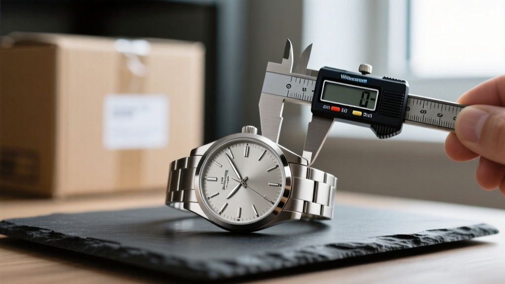 Caliper measuring the 40mm case of a minimalist wholesale watch on a dark slate surface next to blurred cardboard inventory boxes