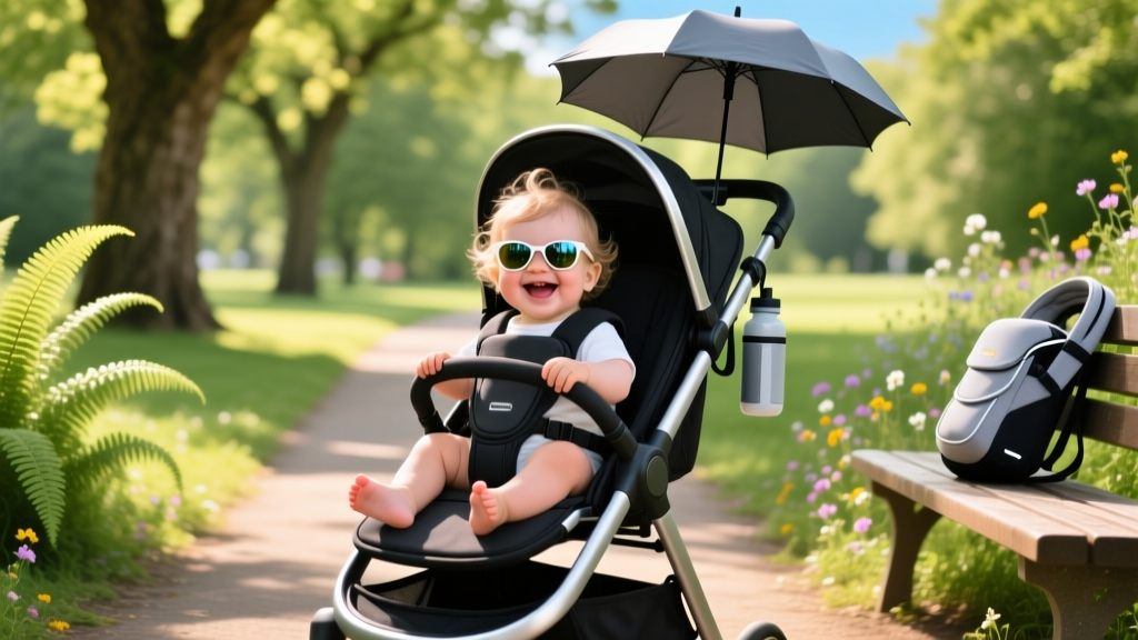 A smiling baby in a high-tech stroller wearing UV sunglasses on a sunny park trail, surrounded by summer greenery and modern parenting gear.