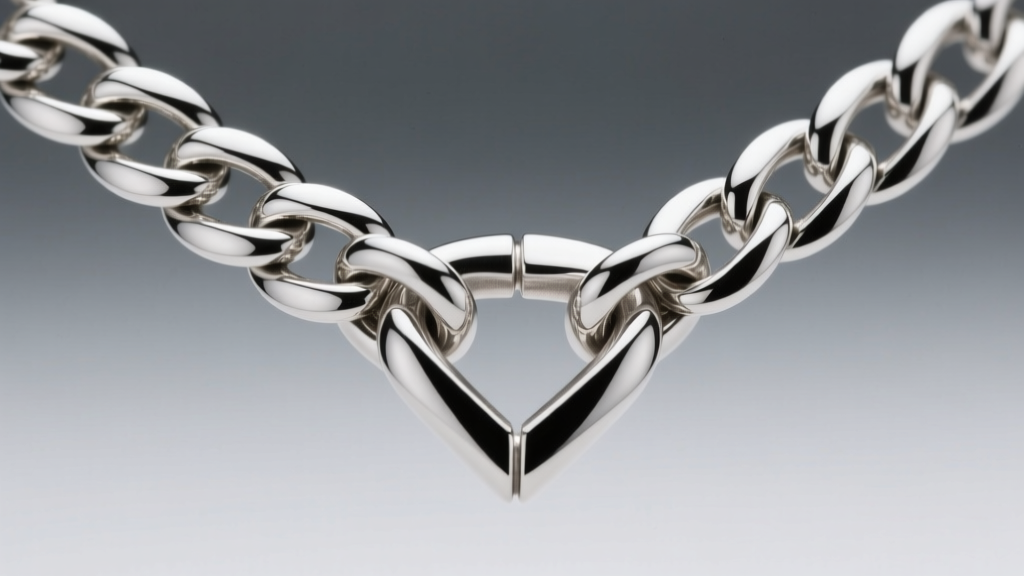Macro shot of a sterling silver herringbone chain v-drop joint, showing the laser solder point and interlocking flat metal links.