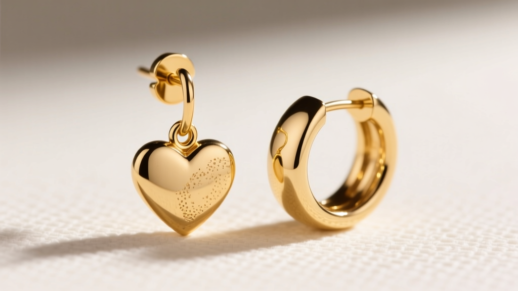 Macro shot of a gold vermeil heart drop earring beside a solid 18k gold pair, highlighting subtle color and texture differences.