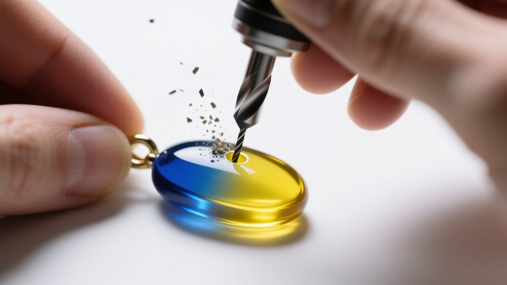 Hands using a 1.5mm carbide micro-drill to bore a hole into a vintage acrylic toy pendant under bright studio lighting