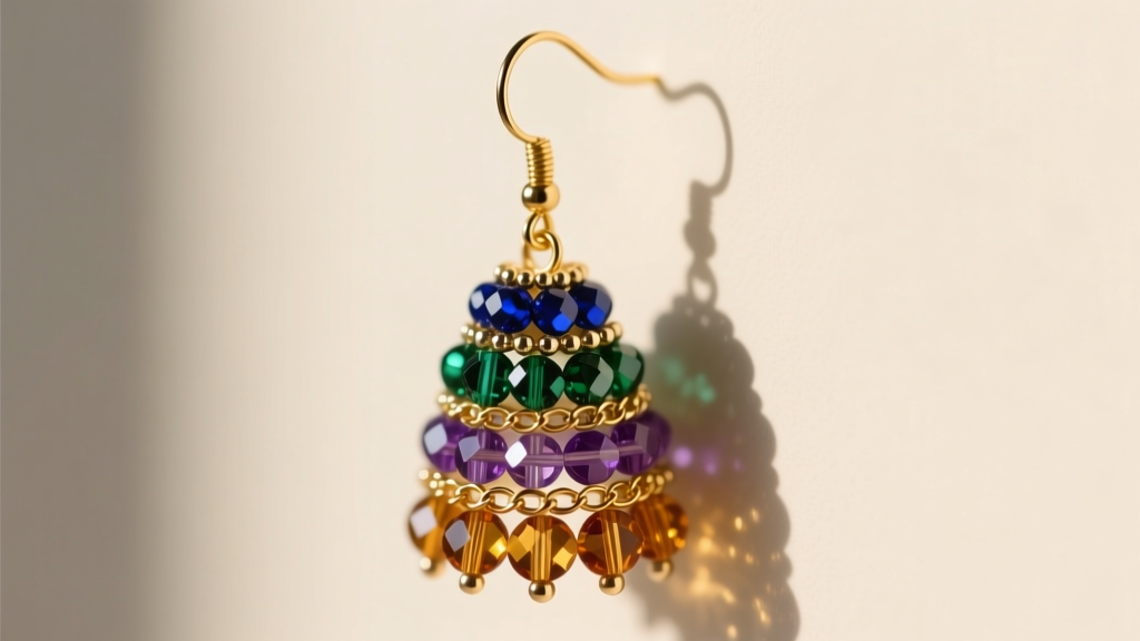 A side-profile view of a heavy, multi-tiered beaded dangle earring hanging from a reinforced 20-gauge gold-filled French ear wire.