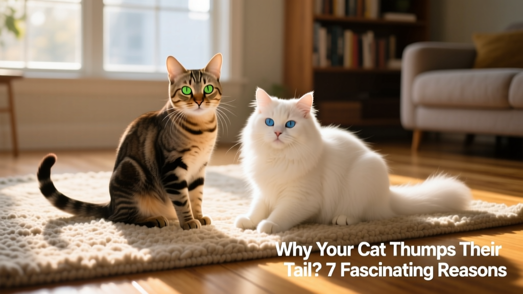 Two cats sitting side by side on a sunlit rug, one with a gently thumping tail, the other with tail curled neatly around paws