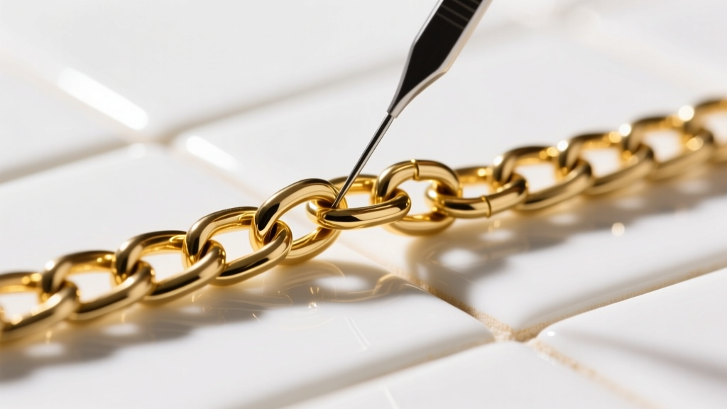 Fine needles separating tangled links of a gold multi-strand chain on a white ceramic tile under bright, focused studio lighting